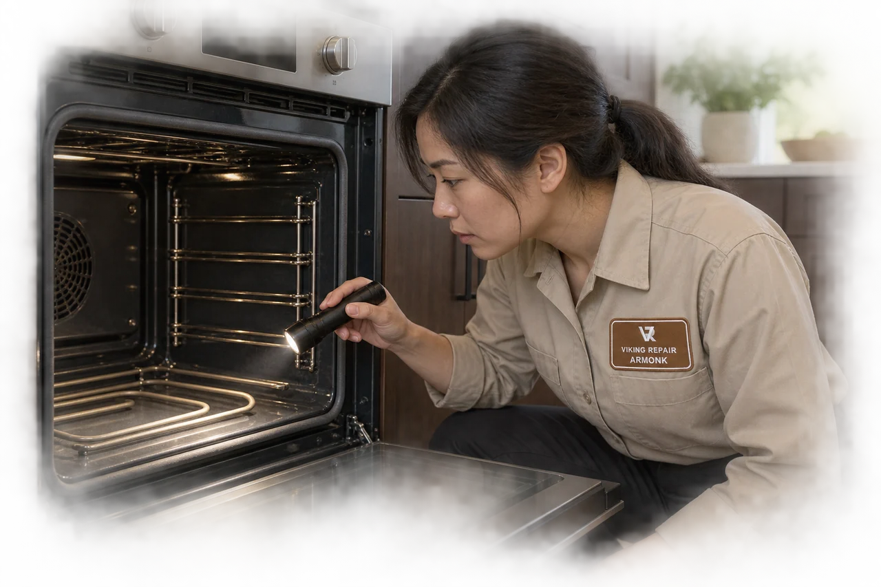 Illustrative technician inspecting a cool oven in an Armonk uniform.